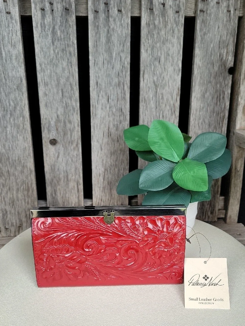 Patricia Nash Red Floral Cauchy Tool Embossed Leather Clutch